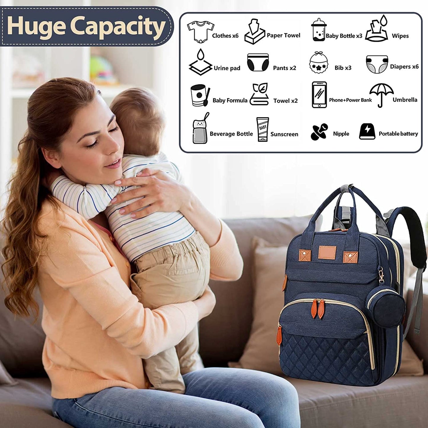 Mochila para pañales con bolsas de bebé multifuncionales para padres. 